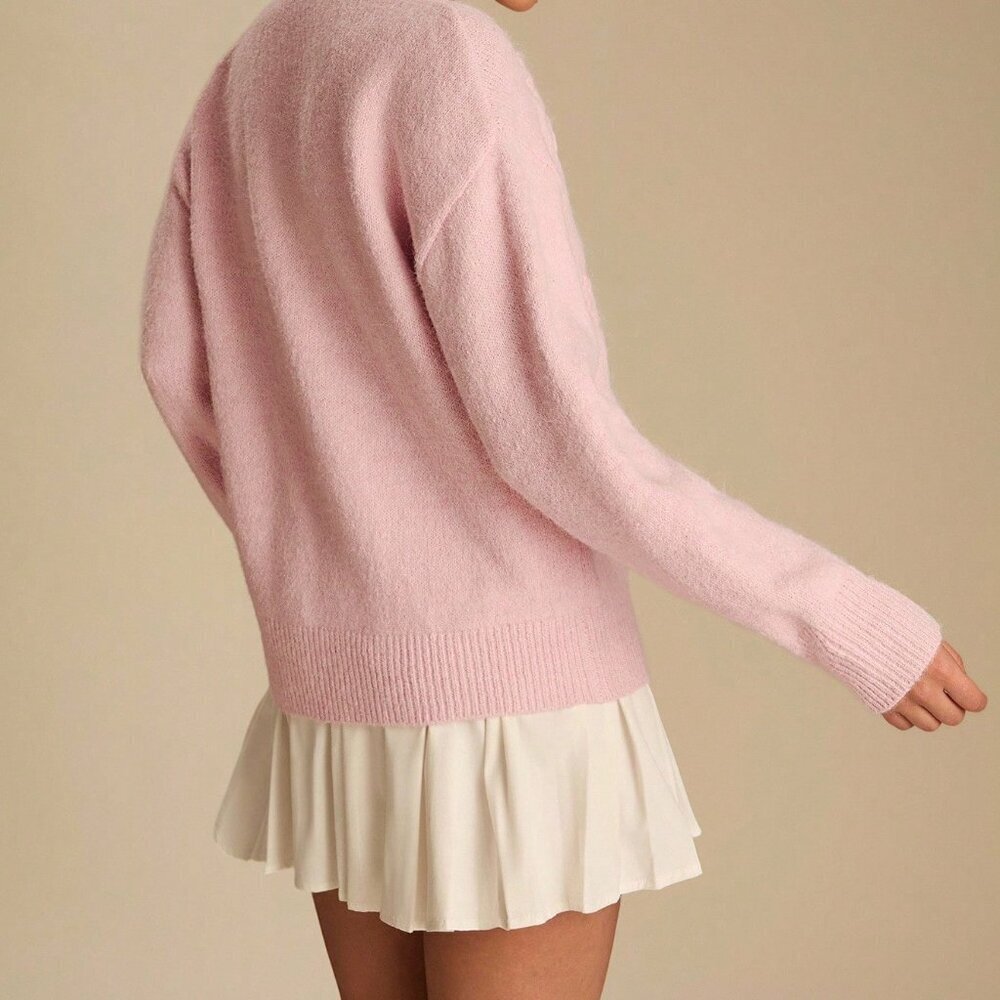 Pink Romantic Women's Pastel 3D Flowers Embroidered Long Sleeve Cute Sweater - Picture 2 of 8